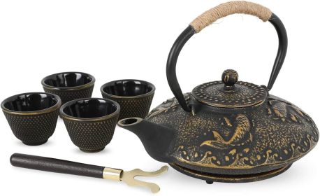 Koi Fish Cast Iron Teapot Set Stove Top Tea Kettle with 4 Cups Japanese Style Tea Gift Set, 26 oz with Stainless Steel Infuser