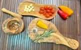 Authentic Mediterranean Olive Wood 4-Piece Kitchen Set - Handcrafted Wooden Mortar and Pestle, Multi-Purpose Serving Bowl, and Durable Cutting Board